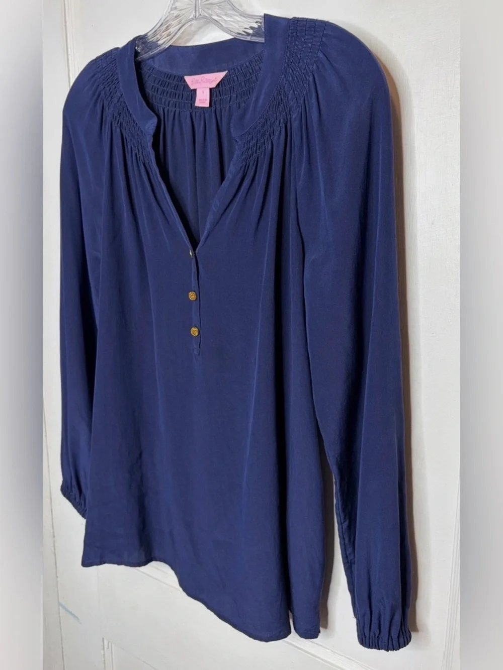 Lilly Pulitzer Womens Small Elsa Silk Top Navy Smocked Neck Puff Sleeve Coastal